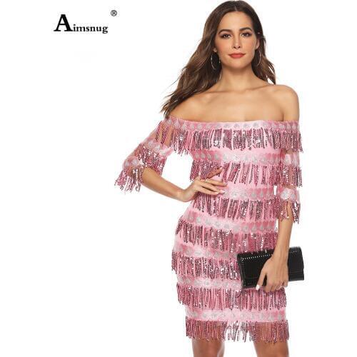 2019 Hot Sexy Tassel Sequin For Women Bodycon Dress One word collar Summer autumn Bag Hip Female The Dress Ladies Party Dress