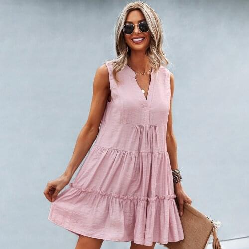 Sexy V-Neck Women Solid Color Ruffle Stitching A-Line Mini Dress Summer Casual Loose Sleeveless Splicing Design Pullover Dresses
