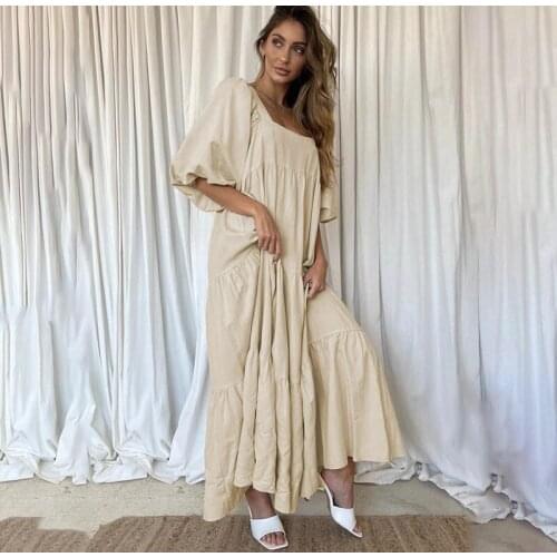 2021 New Summer Boho Dress Fashion Square Collar Casual Loose Puff Sleeve Black Beach Party Maxi Dresses For Women Robe Femme