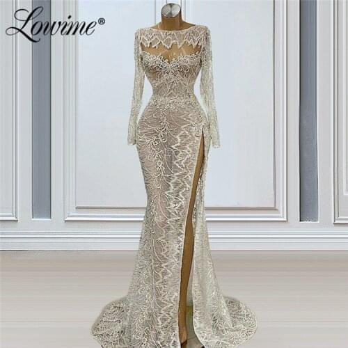 Lowime Mermaid Long Sleeves Plus Size Evening Dresses 2021 Beaded Custom Made Dubai Party Gowns For Weddings Formal Wear Robes