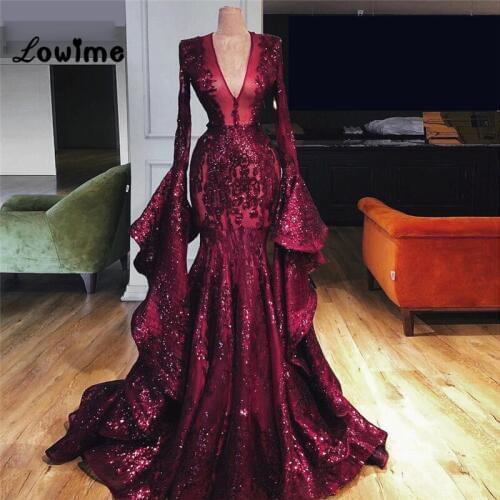 Couture Sequined Arabic Evening Dresses V Neck Dubai Muslim Party Gowns 2018 New Robe De Soiree Long Mermaid Prom Dresses Formal