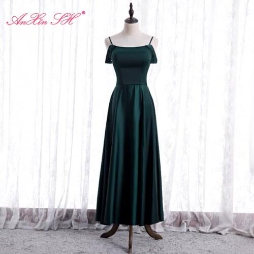 AnXin SH princess green satin evening dress vintage party spaghetti strap sleeveless a line bride lace up host evening dress