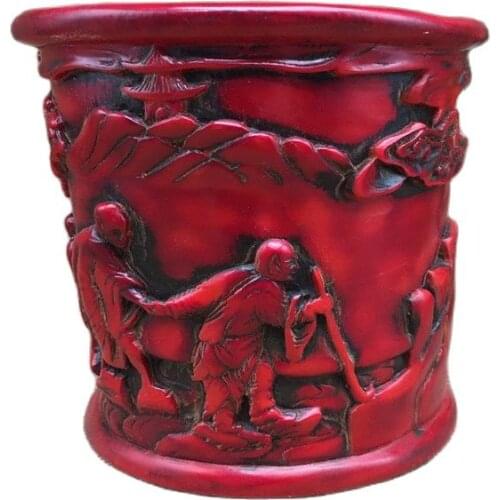 China old Beijing old goods Red coral carving Character pattern pen holder