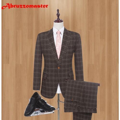 Brown Linen Men Suits with Pants S-4XL Fashion 2020 Brand Men Slim Fit Single Breasted One Button Wedding Suit (Jacket+Pant)