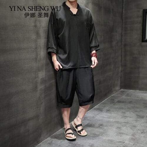 Summer Japanese Style Embroidery Thin Kimono Suit Men Full Sleeve T Shirt Plus Size Shorts New Chinese Retro Hanfu Men Clothing