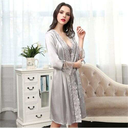 Summer 100% Mulberry Silk Robe Pajamas Sexy Lace Long Sleeved Bathrobe Set Womens Sleepwear Dress Kimono Home Clothes Pijamas