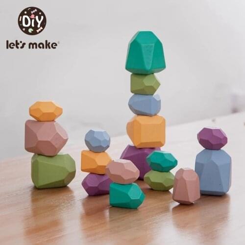 LetS Make 18 PCS Baby Wooden Colored Stone Building Block Creative Educational Toy Creativity Stacking Game Rainbow Stone Toy
