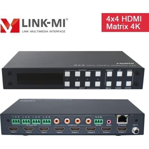 LINK-MI 4x4 HDMI Matrix Support Audio On/Off 4K@60Hz EDID HDR 18Gbps RS232 TCP/IP Web GUI Control Analog SPDIF Audio Extraction