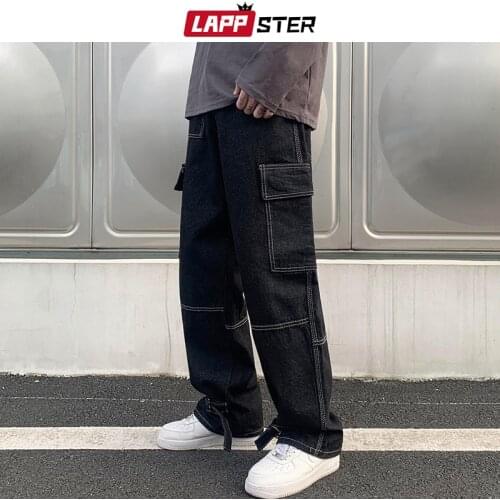 LAPPSTER Men Wid Leg Baggy Harajuku Jeans Pants 2021 Mens Japanese Streetwear Vintage Denim Trousers Man Black Jeans Joggers 5XL
