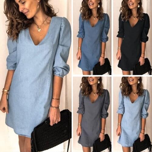 Dress 2021 Summer Womens Sundress Fashion Casual V Neck Half Sleeve Jean Dress Solid Loose Sexy Dresses Plus Size Vestidos