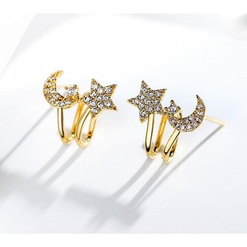 Luxury Female Star Moon Stud Earrings Classic 925 Sterling Silver Earrings For Women Charm Crystal Stone Small Wedding Earrings