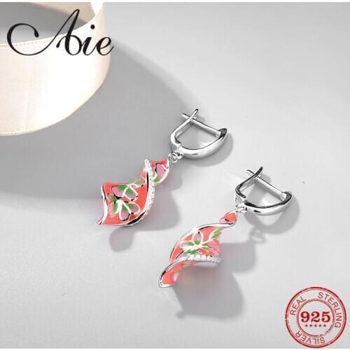 925 Sterling Silver DIY fashion luxury pink flower pattern red Enamel fine Dangle Earrings Party Jewelry