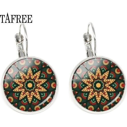TAFREE Henna Mandala Flower Clip Earrings New Round Dome Glass Charm Clip On Earring Silver Plated Women Jewelry HN523