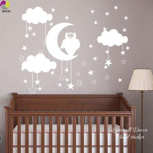 Owl Star Moon Cloud Wall Sticker Baby Nursery Animal Nature Space Wall Decal Kids Room Bedroom Vinyl Easy Art Mural Home Decor