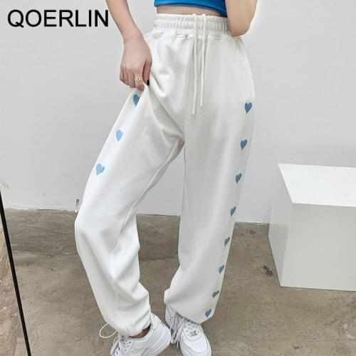 QOERLIN 5XL Large Size Sweatpants White Sports Pants Women Spring Fall Print Loose Casual Trousers Elastic Waist Pants Hip Hop