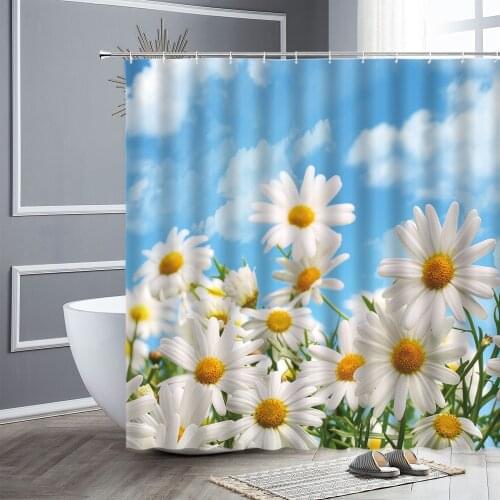 White Daisy Flower Shower Curtains Blue Sky Green Leaves Natural Scenery Waterproof Bathroom Decor Screen Cloth Bath Curtain Set
