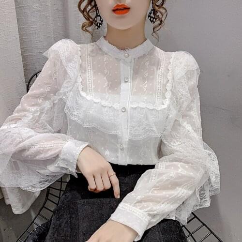 Women Shirts Blusas Long Sleeve Button Up Shirts 2021 Spring Autumn New Korean Lace Chiffon Shirt Ruffle Harajuku Top 12i