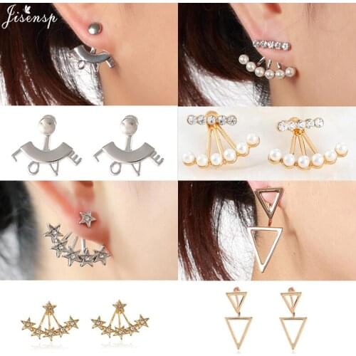 Jisensp Korean Style Geometric Curve Ear Jackets for Women Girls Vintage Rhinestone Pearl Stud Earrings Fashion Jewelry Gift