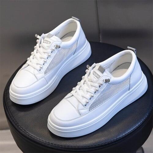 Fashion White Breathable Net Sneakers Women Low-Heel Flat Platform Ladies Lace-Up Fashion White Shoes Zapatos De Mujer Zapatos