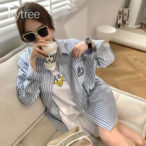 Trytree Spring Autumn Blouse Women Casual Striped Pocket Turn-down Collar Single Breasted Office Lady Shirt Loose Tops For Women