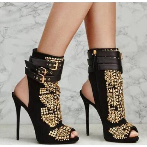 Carpaton Rivets Studded High Heel Booties Buckle Strap Peep Toe Shoes Sexy Slingback Thin Heels Ankle Boots Summer Heels