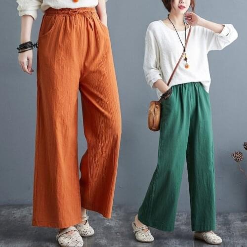 Womens Summer Wide-leg Pants Solid Color Trousers Cotton Linen Vintage Loose High Waist Trousers Large Size Female Pants