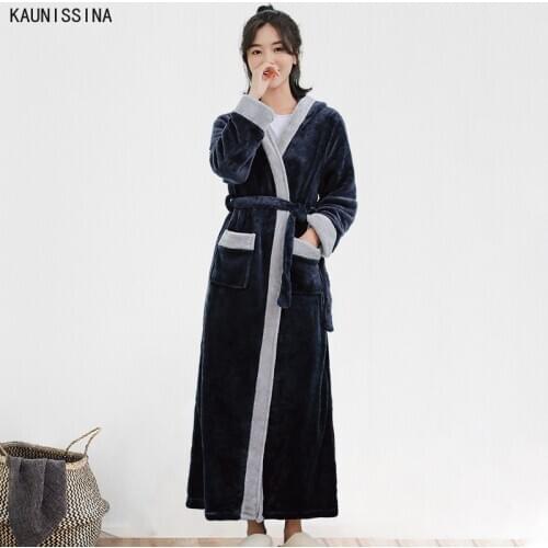 Winter Robe Women Flannel Bathrobe Sleewea Hooded Pockets Long Belt Kimono Robes Female Nightwear Dressing Gown Female Spa Robes