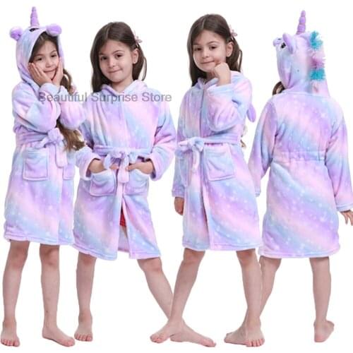 Girls Hooded Soft Children Bathrobe Kids Unicorn Bath Robe Girls Kigurumi Animal Pyjamas Kids Long Sleeve Cartoon Towel Robe