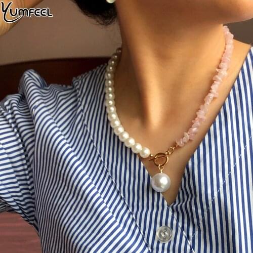 Yumfeel New Natural Crystal Stones Necklace Women Imitation Pearls Asymmetry Necklace Jewelry