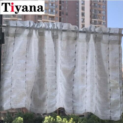 Striped Half Curtain For Kitchen Cabinet Transparent White Sheer Voile Embroidered Short Door Window Drapes Panel