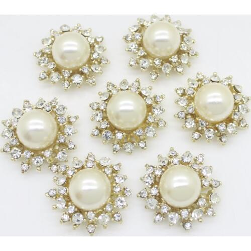 28mm Sun Flower Rhinestones Pearl buttons Plating Flatback Round Metal button For Clothing Costume Costura Decoration 10pcs