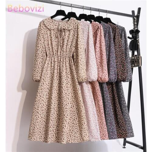 Chiffon Elegant Floral Spring Autumn Fall Long Sleeve Dress Vintage Fashion Office Lady Casual Long Dresses Woman 2020