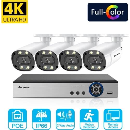 Two way Audio CCTV Camera Security System 4CH 4K POE NVR Kit Outdoor Waterproof Color Night Vison Video Surveillance Camera Set