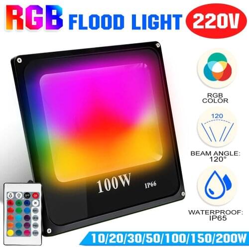 Led RGB Flood Light 10/20/30/50/100W IP66 Outdoor Spotlight 220V RGB Reflector Projector Lamp With Color Remote Controller