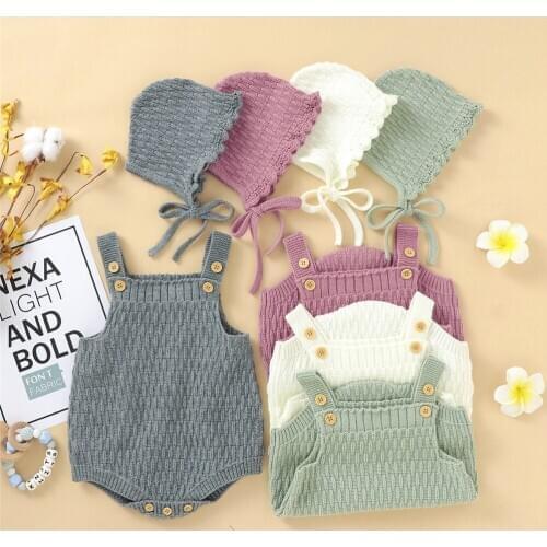 Baby Boys Girls Knitted Romper Clothes Set Cotton Triangle Crotch Button One-Piece Jumpsuit+Hats Outfits