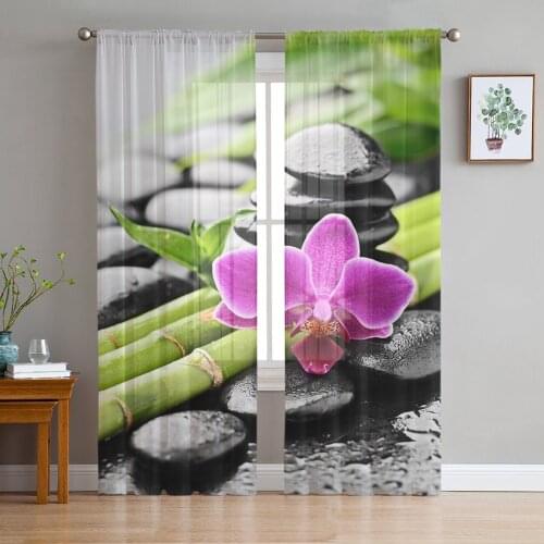 Orchid Dewdrop Zen Stone Arrow Bamboo Tulle Sheer Window Curtains for Living Room Kitchen Children Bedroom Voile Hanging Curtain