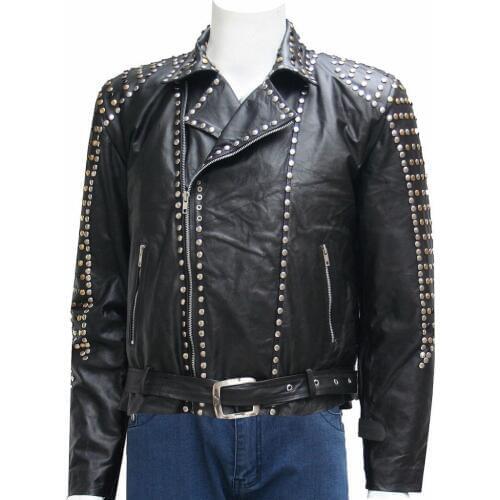 Retro Punk Rock Street Rivet PU leather Jacket Handmade 100% Black Silm Motorcycle Zipper Winter Outwear