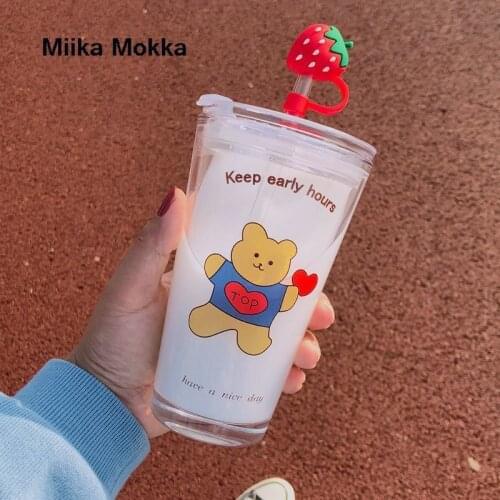 Korea Style Creative Cute Bear Glass Cup Straw Cup with Lid Handy Cup Cartoon Student Water Cup Kawaii Glass Cup Drinkware