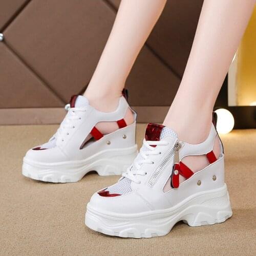 2021 Summer Women Sandals 9cm Wedges Hollow Out Sneakers Ladies Breathable Mesh Platform Casual Shoes Woman White Shoes