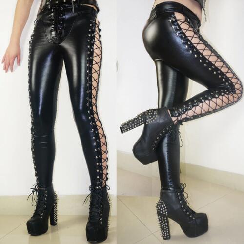 Women Leggings Black Faux Leather Leggings Skinny Pants Tie Up Bandage boots Leggings Sexy Punk Imitation Lederhosen