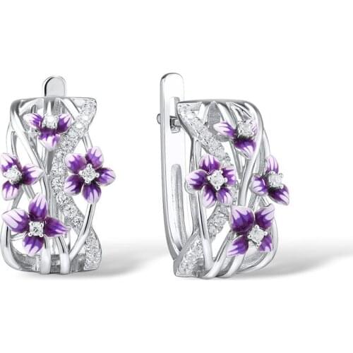 New Style Cubic Zirconia Jewelry Real 925 Sterling Silver Earrings for Women Temperament Purple Enamel Stud Earring Ladies