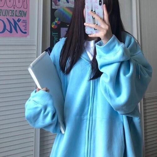 Zipper Up Women Hoodies Spring Clothes Blue Hooded Sweatshirt Japanese Harajuku Korean Hoddies Long Sleeve Tops Hodies