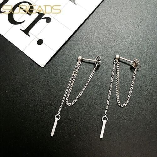 Subeads Real Sterling Silver Ear Link Chain Earrings For Women Girls Back Hanging Ear Dangle Earrings Ear Stud Jewelry Gifts