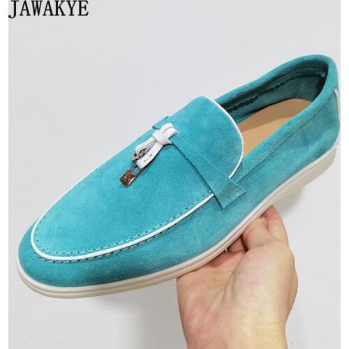 New Arrival Women White Sole Loafers Leather Tassel Surround Sewing Shallow Summer Walk Shoes Suede Round Toe Lock Flat Shoes