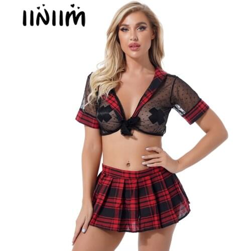 Womens Plaid Schoolgirl Cosplay Costume Role Play Outfit Plunging Neckline Lace-up See-through Mesh Crop Top with Mini Skirt