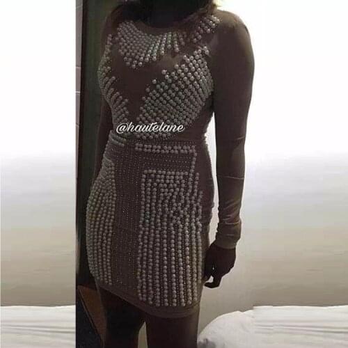 New HIGH QUALITY 2021 BAROCCO Designer Dress Womens Long Sleeve Luxurious Handwork Pearl Beading Diamonds Gauze Dress