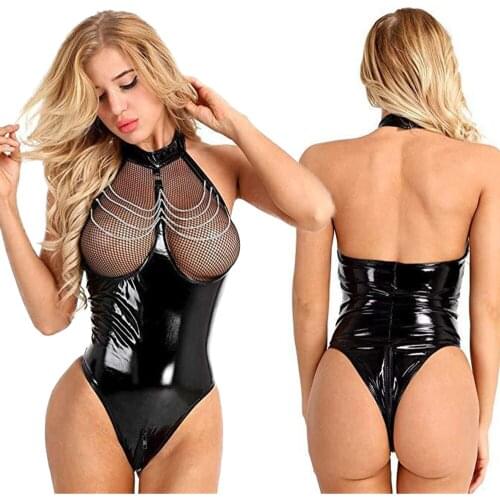 Women Sexy Plus Size Leather Mesh Erotic Lingerie Zipper Underwear Bodysuit Porn Latex Backless Bodysuits sex Body Teddies