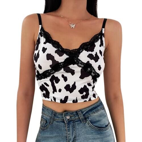 New Fashion Cow Print Vest Sexy Lace Open Back Navel Girl Sling Jacket