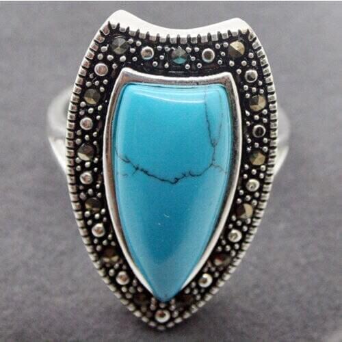 14*26mm BLUE Natural JADE MARCASITE 925 STERLING SILVER WATERDROP RING SIZE 7/8/9/10