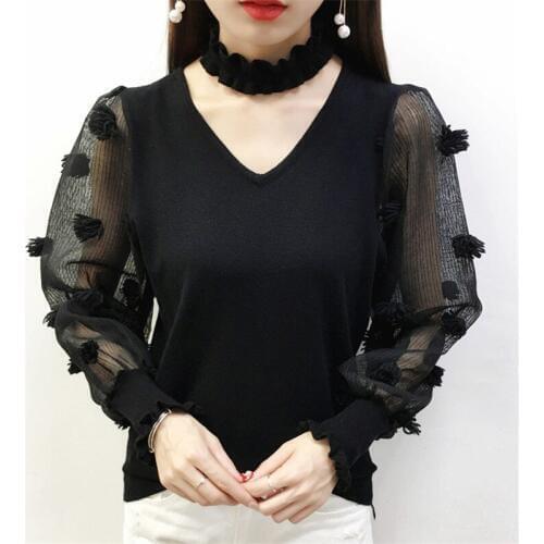 2019 Autumn Women Sweater Ruffled Hanging V-neck Knitted Sweaters Lantern Sleeves Casual Pullovers Female Jumper Tricot Tops 460